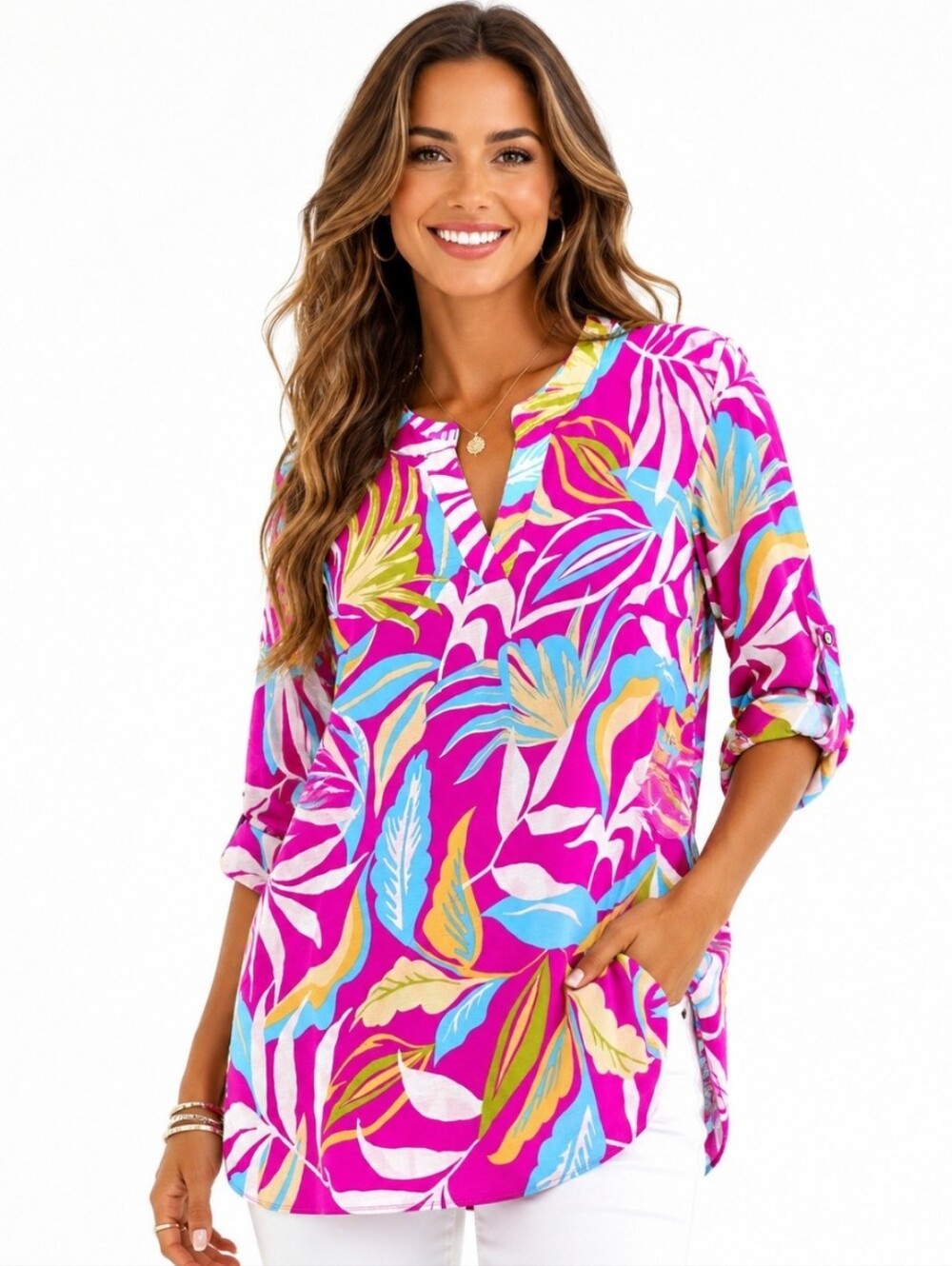 Dearest Scarlett Women's Pink Tropical Print Tunic Top (Size:XL)